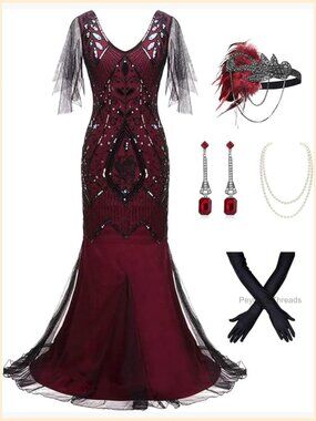 Plus Size 1920s Vintage Fringed Sequin Tassels Flapper Party Cocktail Maxi Long